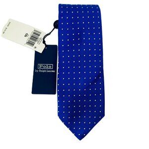 NWT Polo by Ralph Lauren Slim Silk Necktie, Navy Blue with White Dots